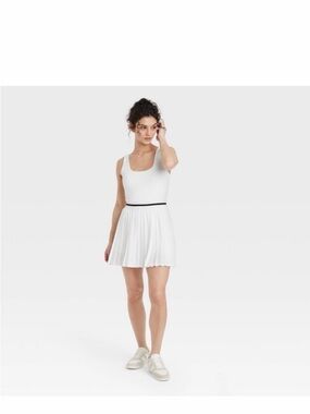 all in motion Athletic White Pleated Dress with Black Waistband